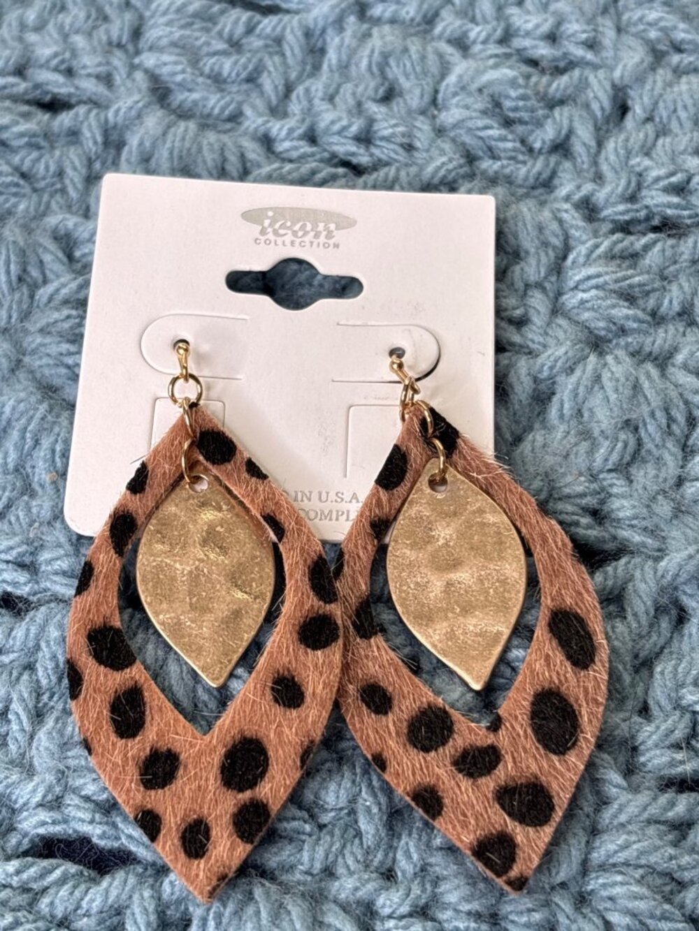 Icon Collection Cheetah Print Faux Calf Hair Earrings Hammered Goldtone New